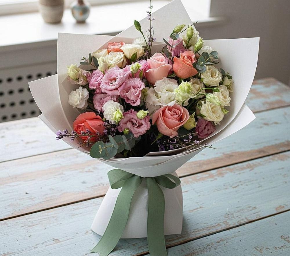 Букет цветов из: Розы, Лизиантусы и Гвоздики в Локомотивный