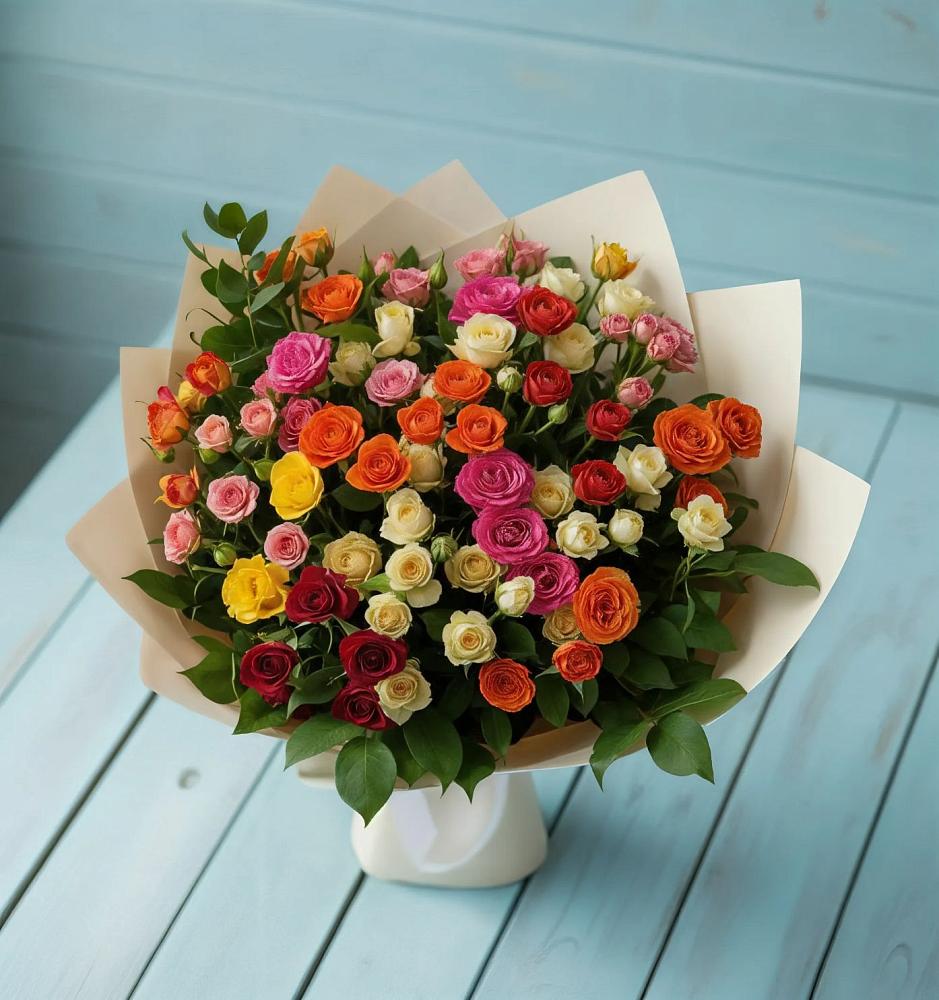 Букет Микс из разноцветных кустовых роз в Локомотивный