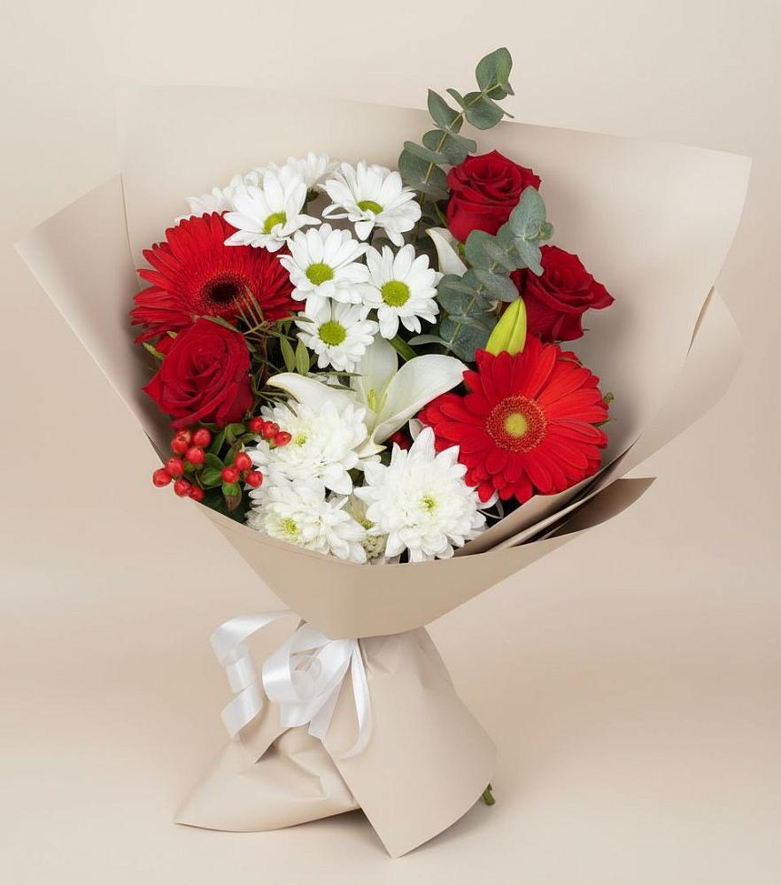 Букет цветов из: Розы, Хризантемы, Герберы и Лилии в Локомотивный