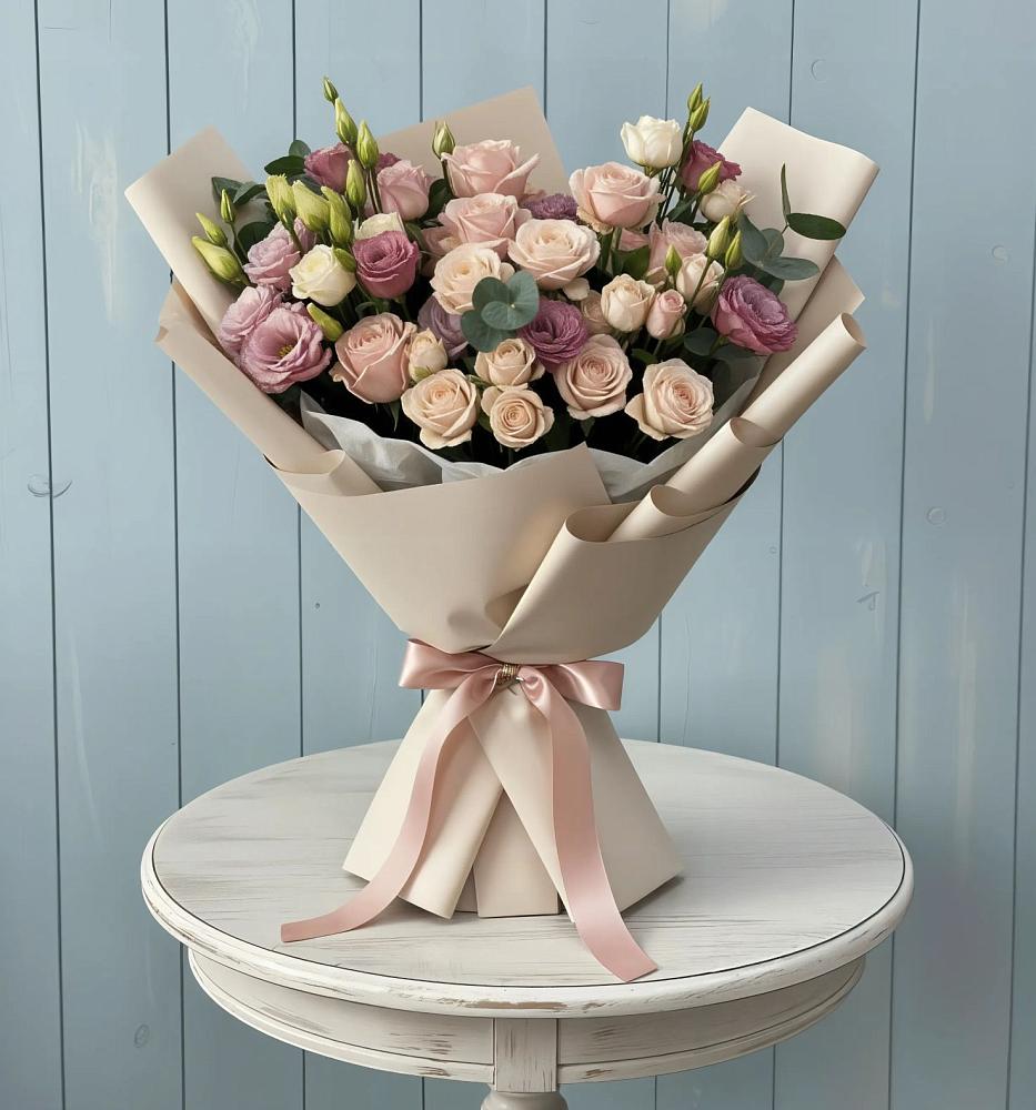 Букет цветов из: Розы и Лизиантусы в Локомотивный