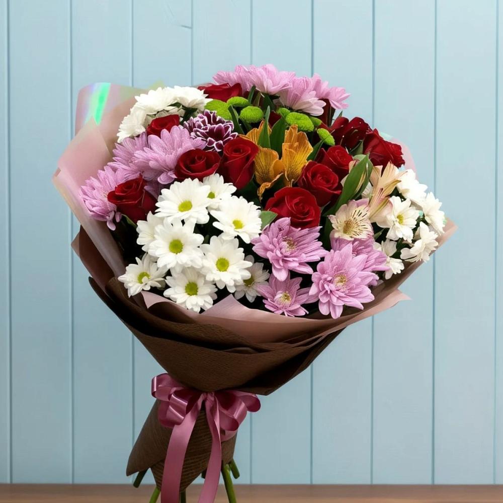 Букет цветов из: Розы, Хризантемы и Альстромерии в Локомотивный