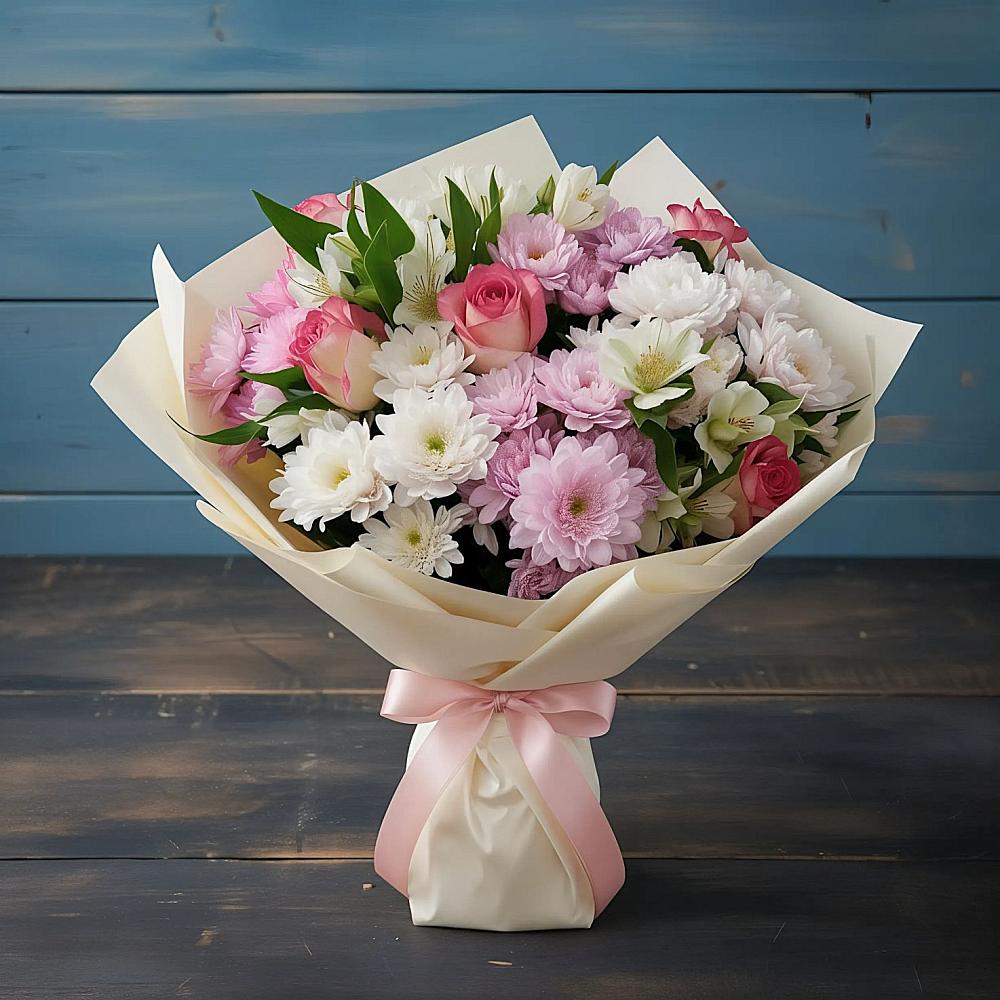 Букет цветов из: Хризантемы, Альстромерии и Розы в Локомотивный